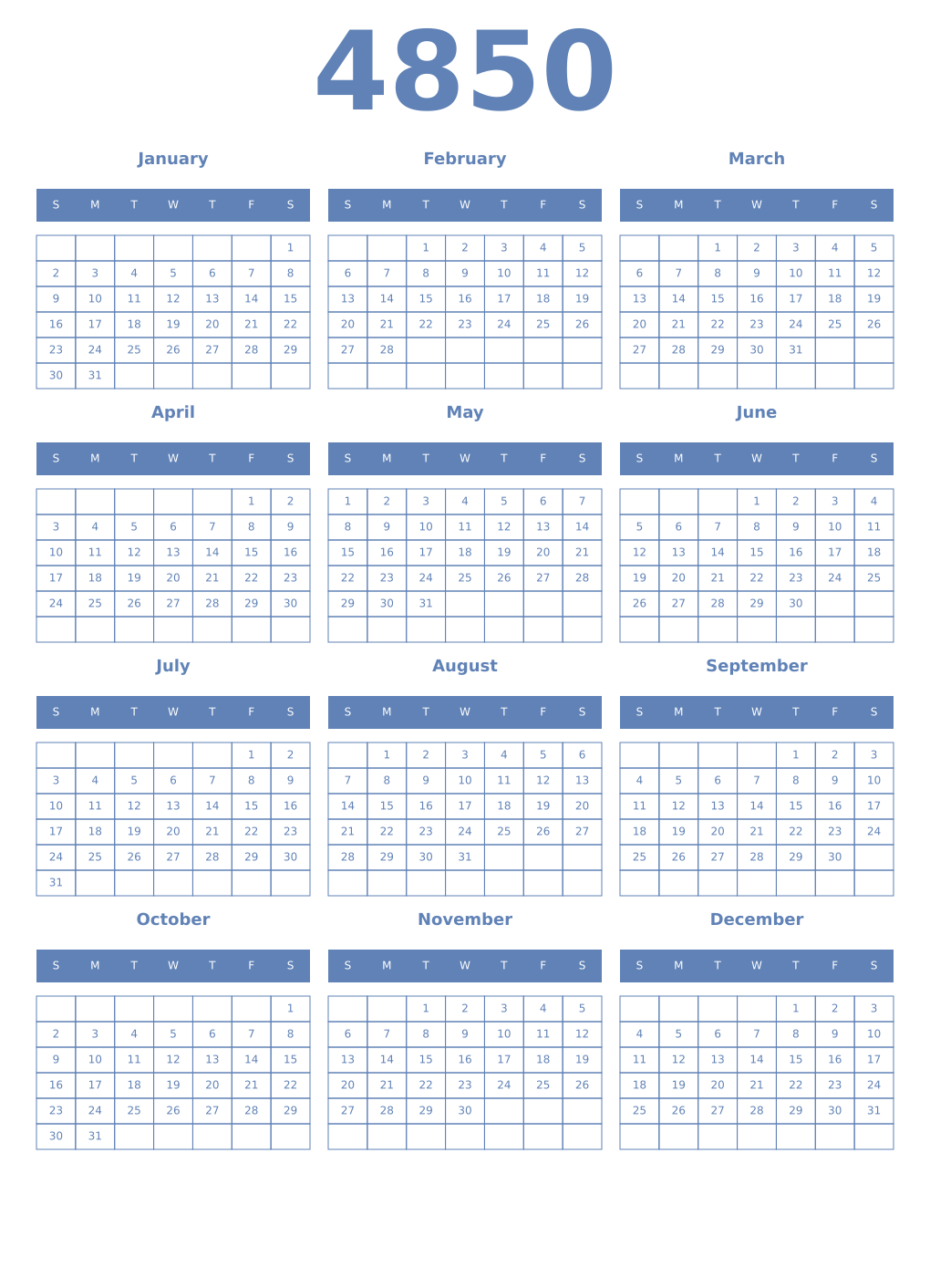 Printable 4850 Year Calendars glaucous