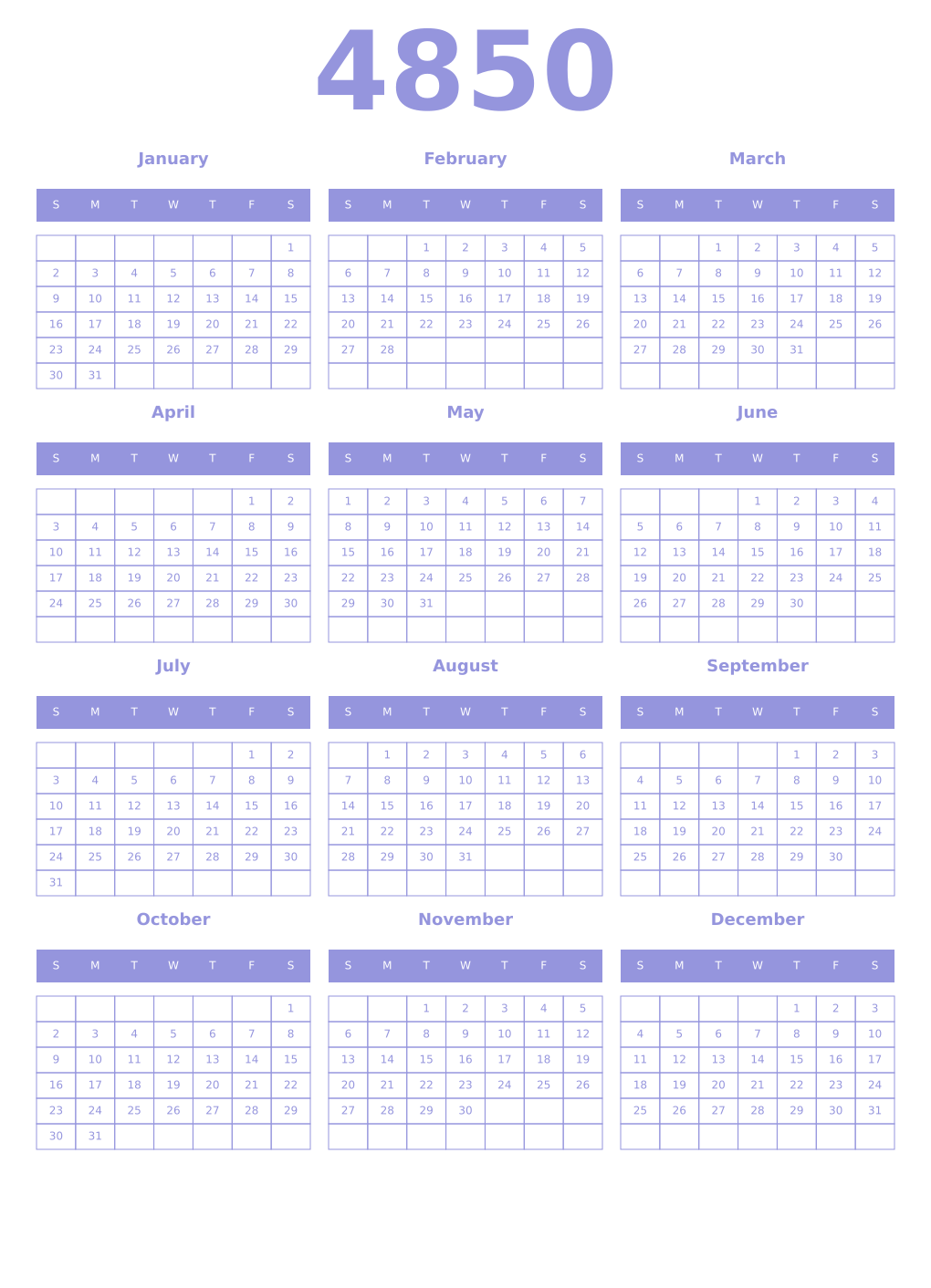 Printable 4850 Year Calendars periwinkle