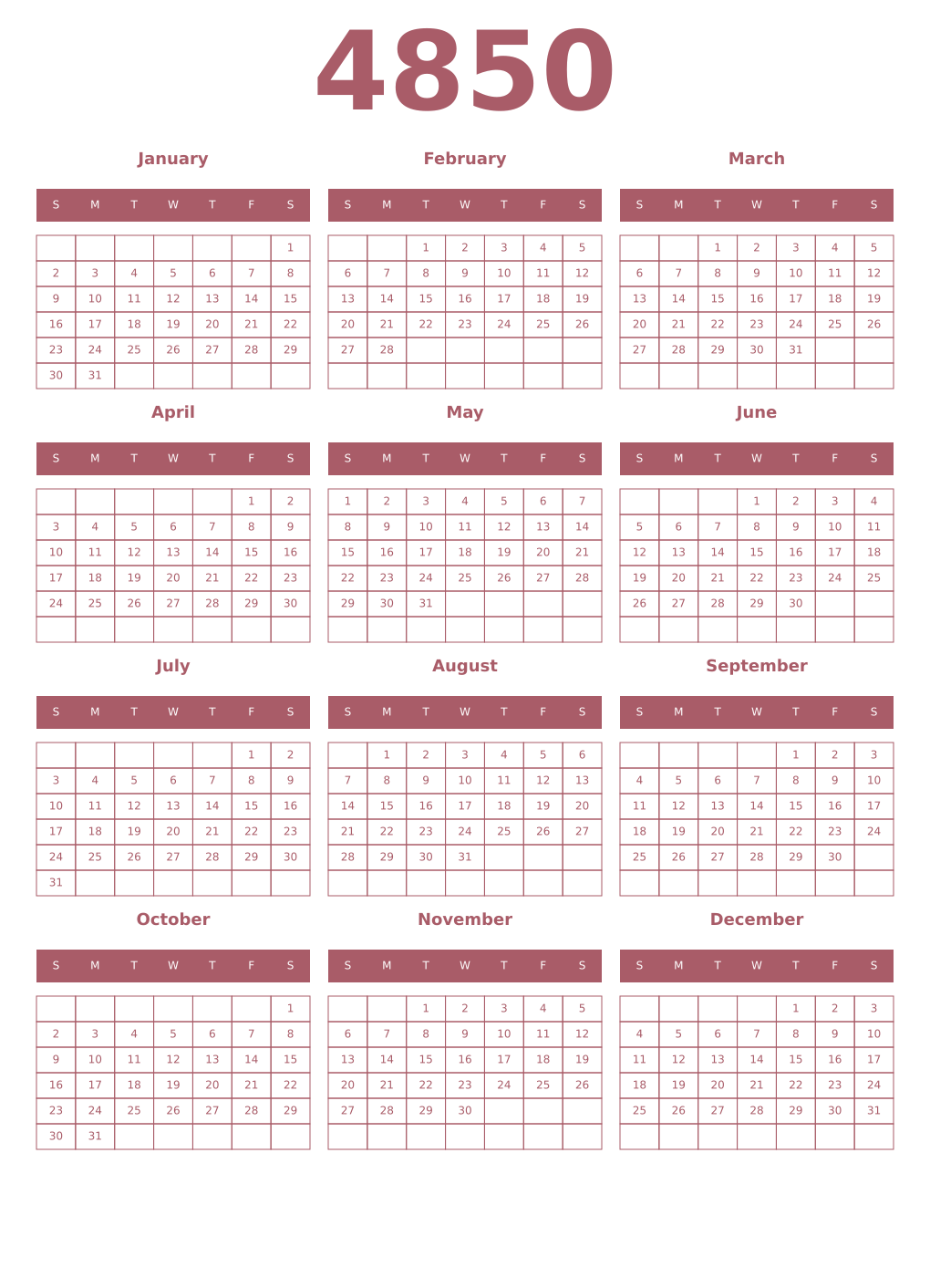 Printable 4850 Year Calendars puce
