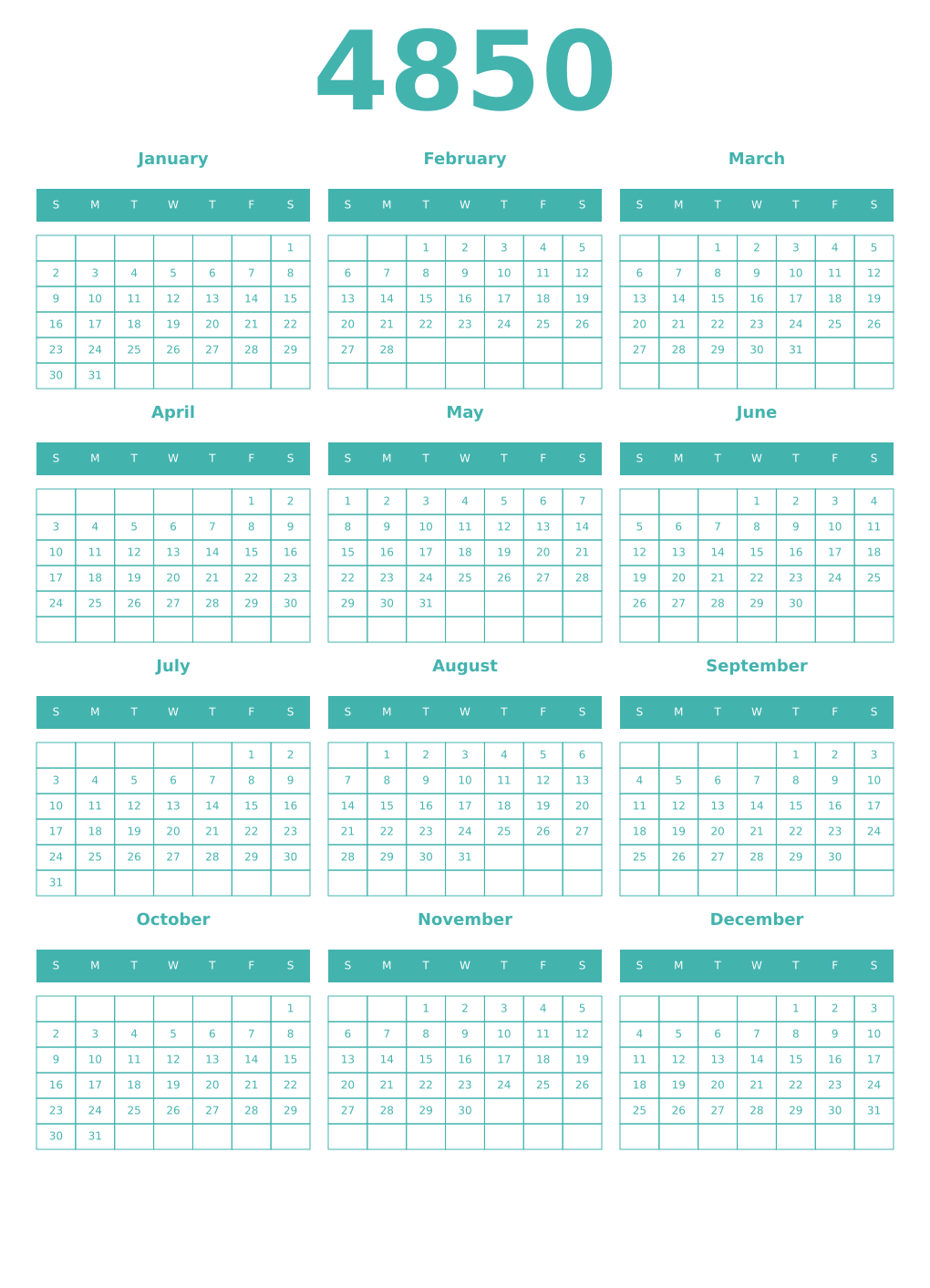 Printable 4850 Year Calendars verdigris