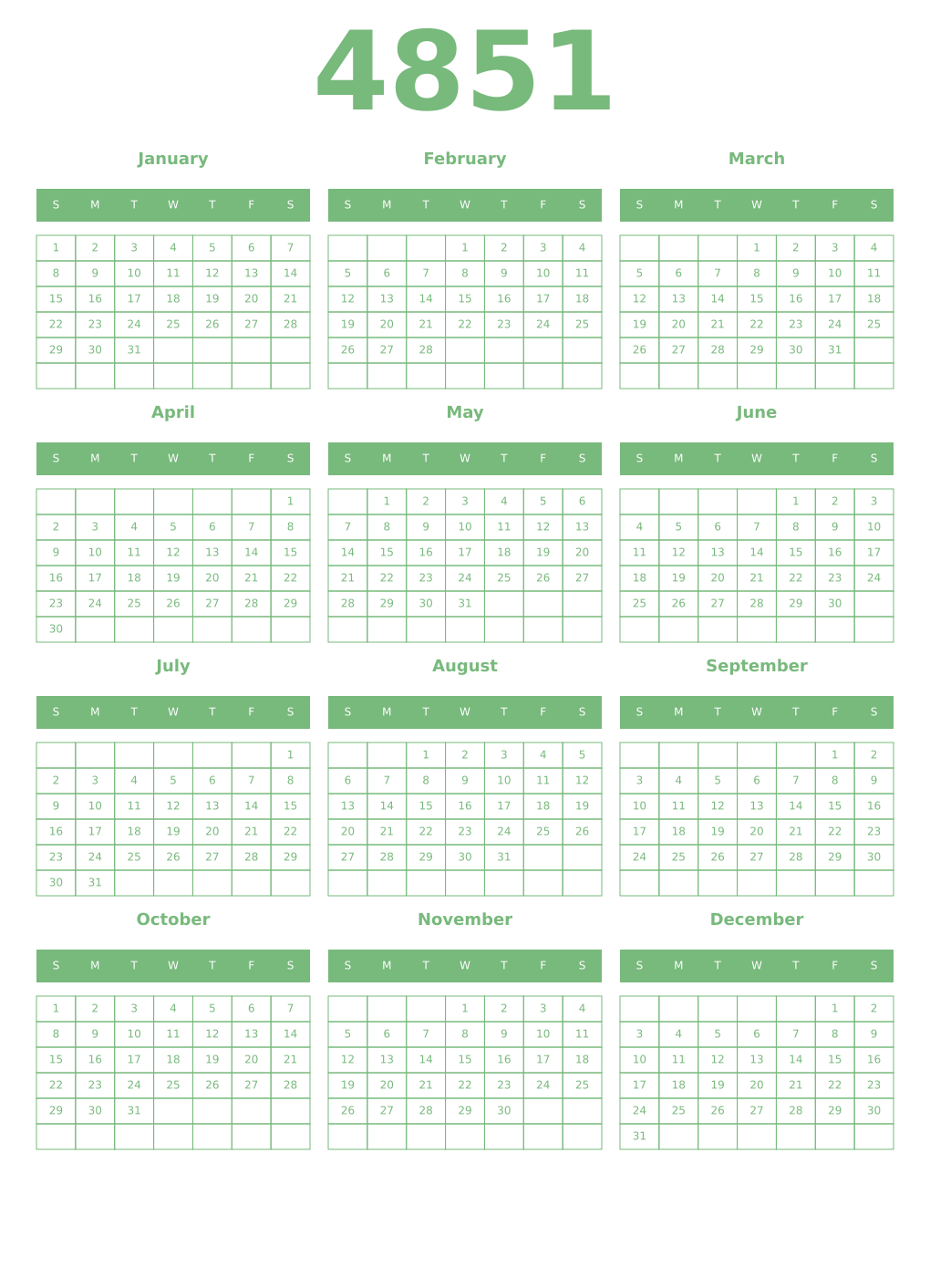 Printable 4851 Year Calendars celadon