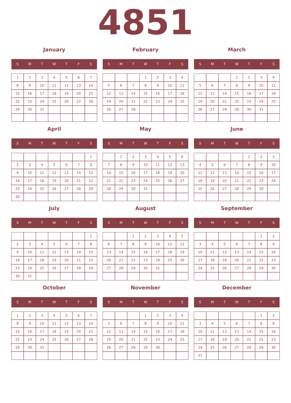 Printable 4851 Year Calendars cordovan