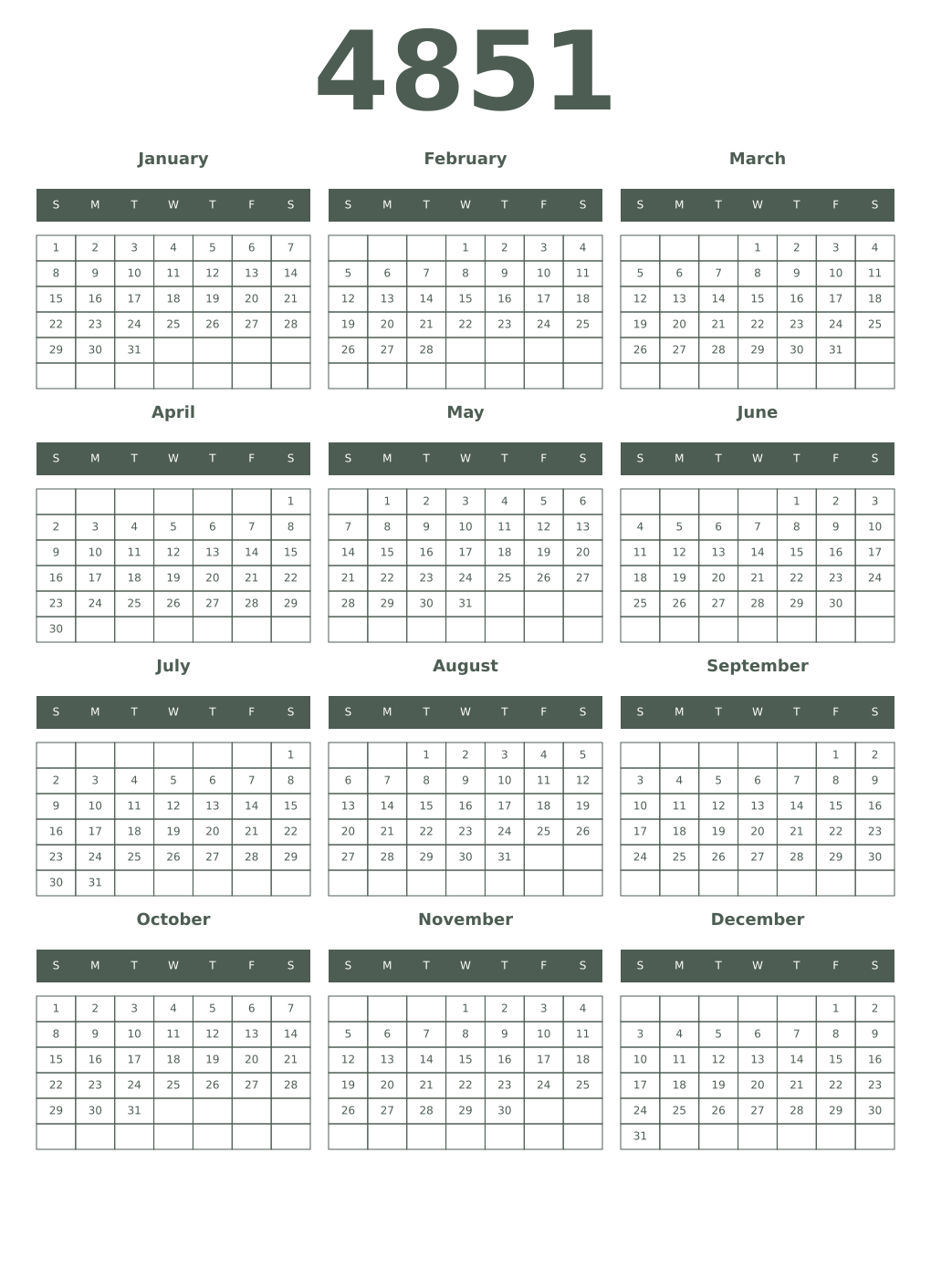 Printable 4851 Year Calendars feldgrau