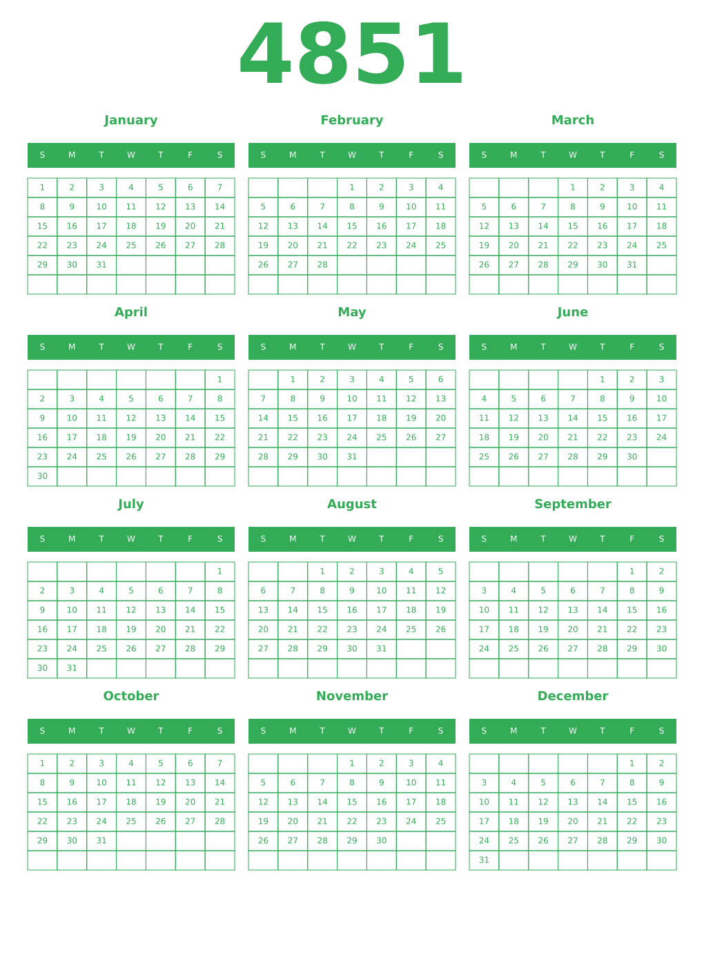 Printable 4851 Year Calendars green
