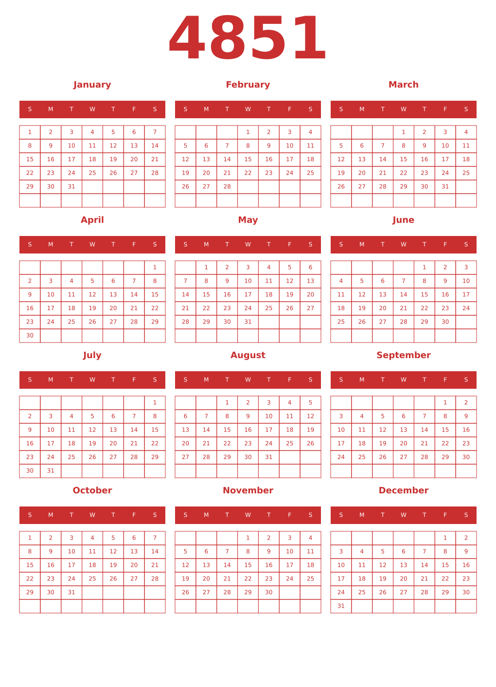Printable 4851 Year Calendars red
