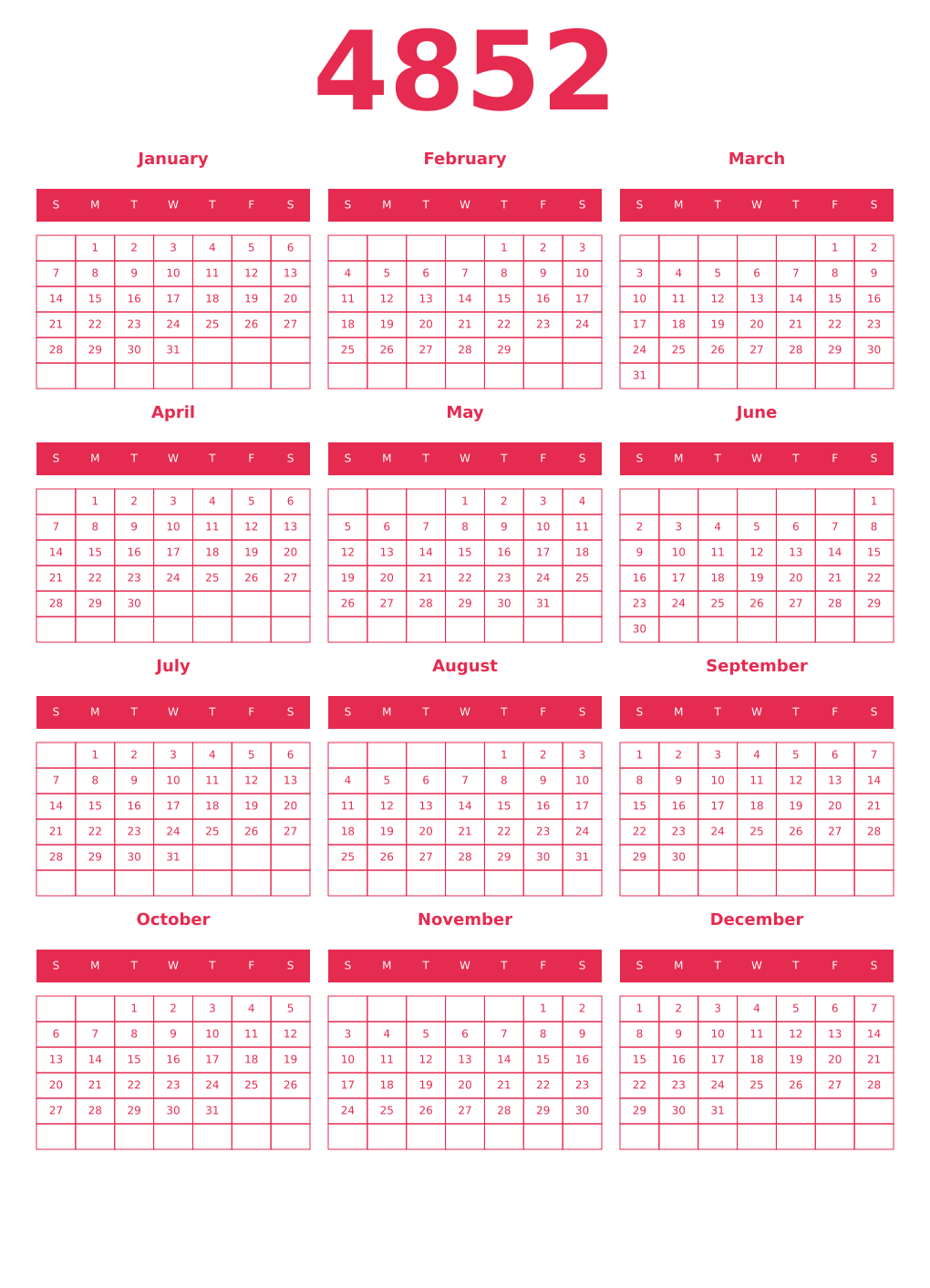 Printable 4852 Year Calendars amaranth