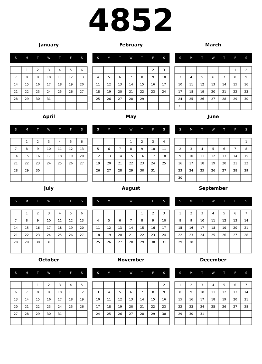 Printable 4852 Year Calendars black