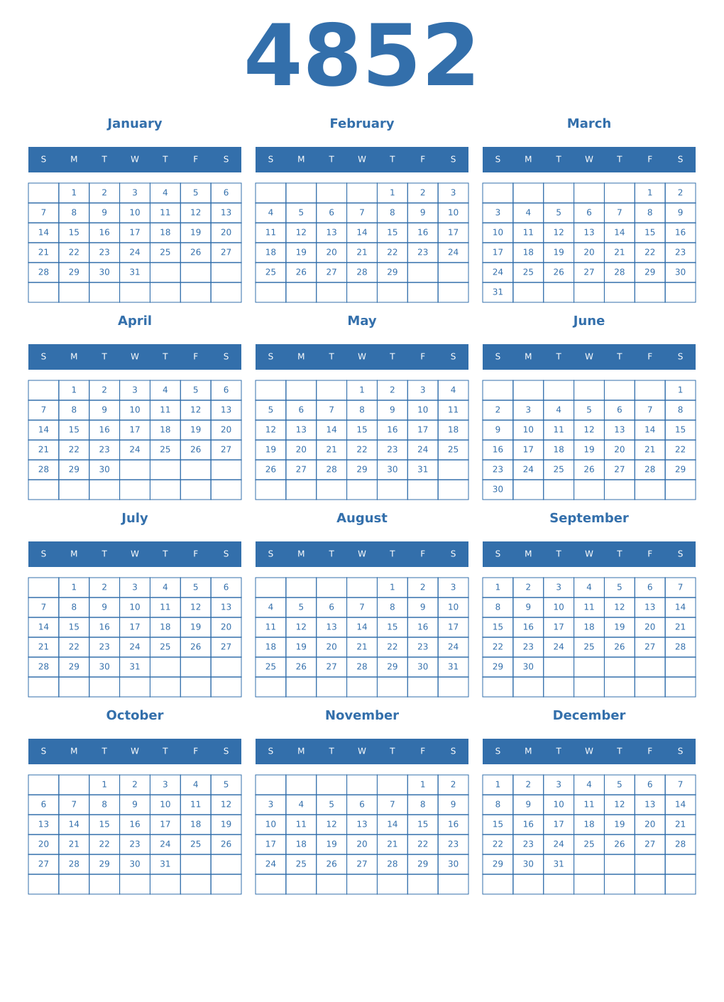 Printable 4852 Year Calendars blue