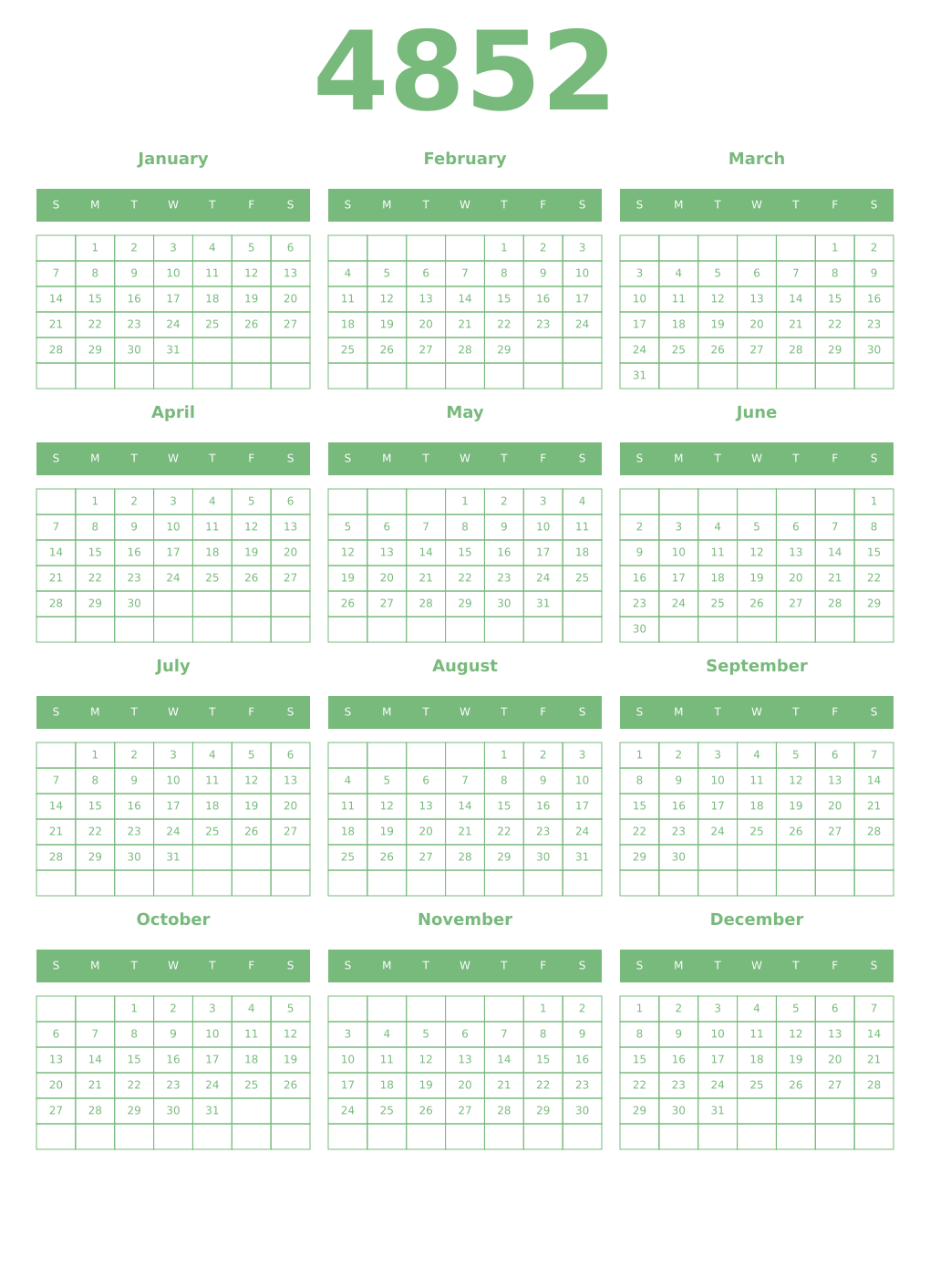 Printable 4852 Year Calendars celadon