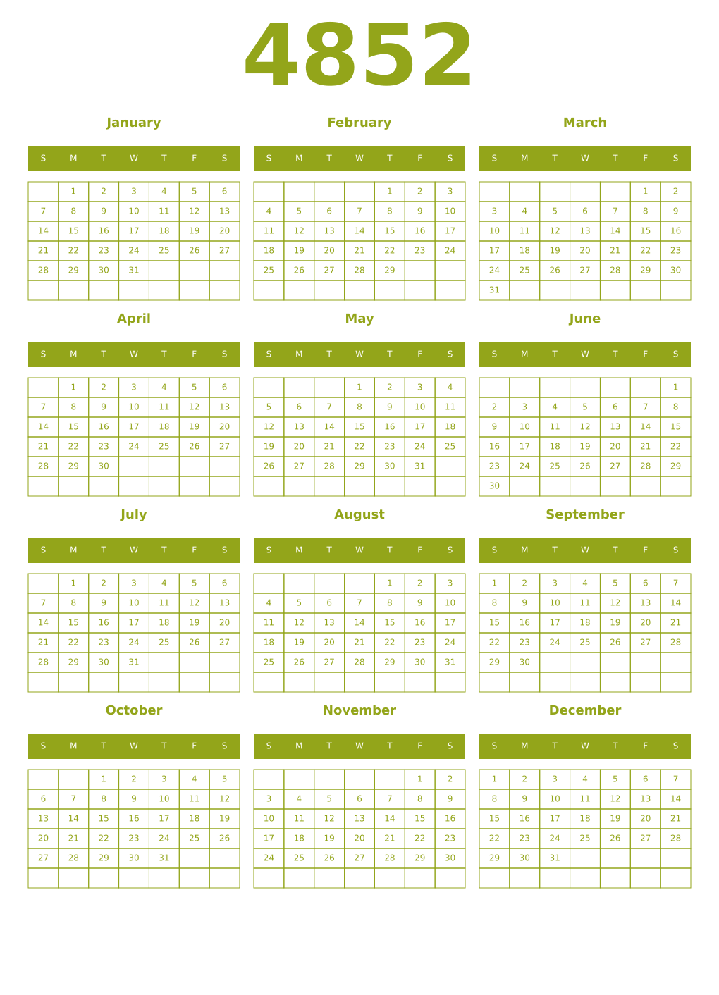 Printable 4852 Year Calendars chartreuse