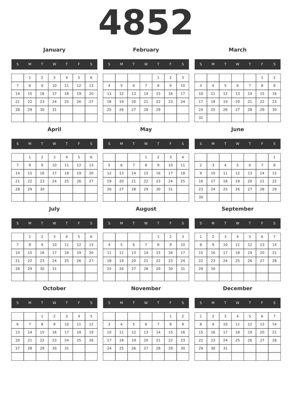 Printable 4852 Year Calendars dark