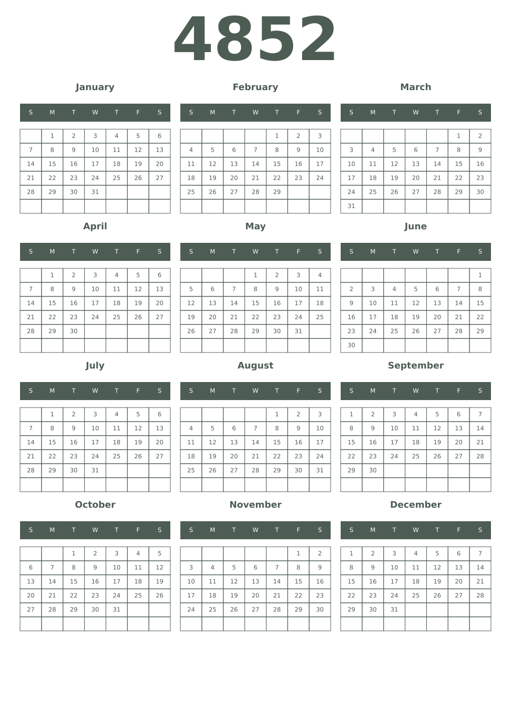 Printable 4852 Year Calendars feldgrau