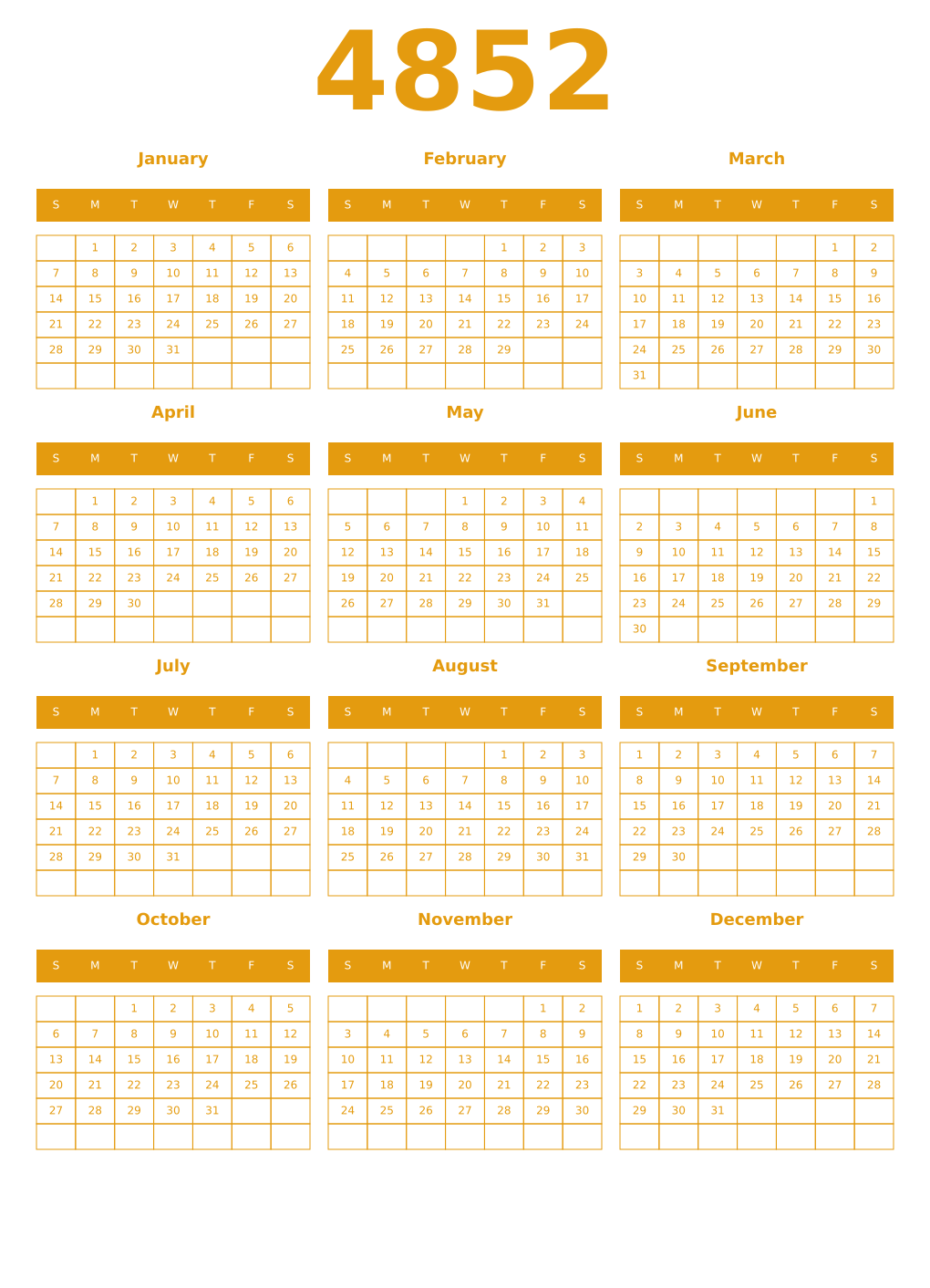 Printable 4852 Year Calendars gamboge