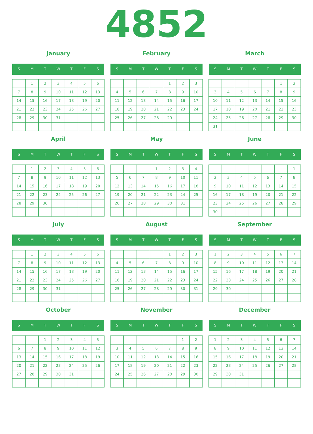 Printable 4852 Year Calendars green