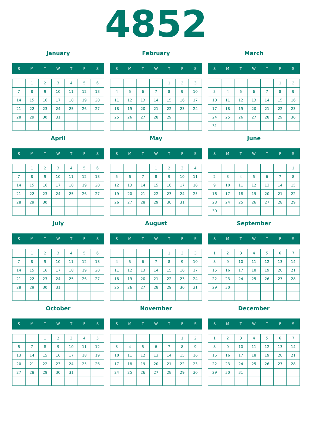 Printable 4852 Year Calendars pastel