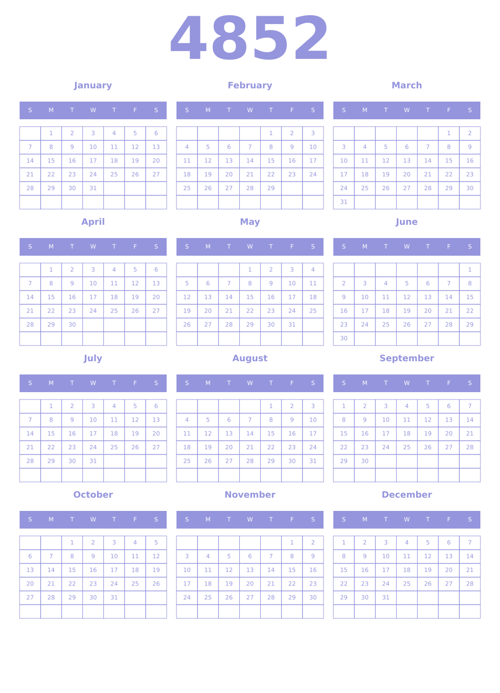 Printable 4852 Year Calendars periwinkle