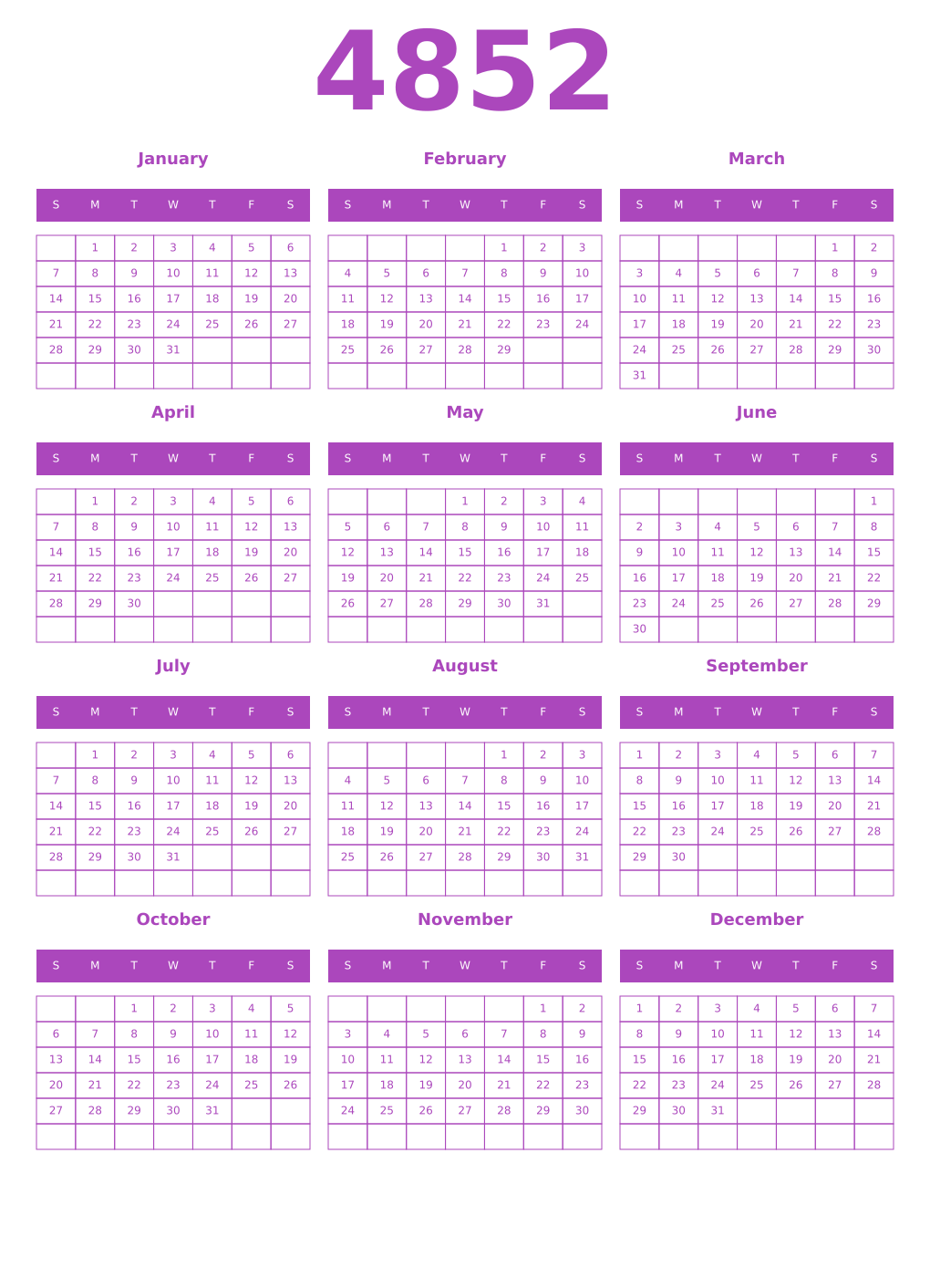 Printable 4852 Year Calendars purple
