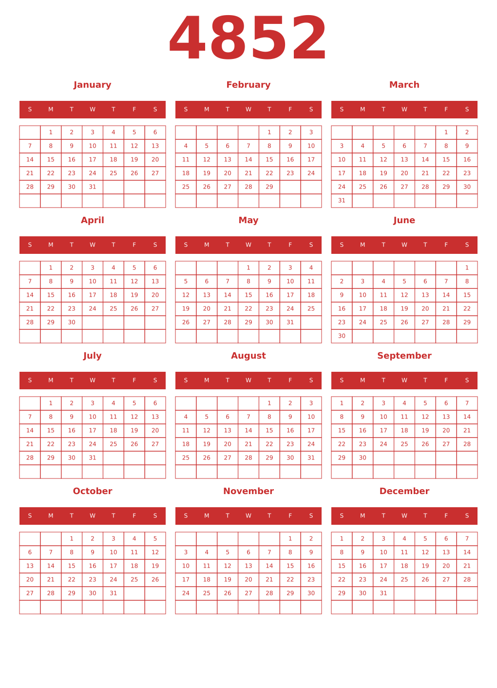 Printable 4852 Year Calendars red