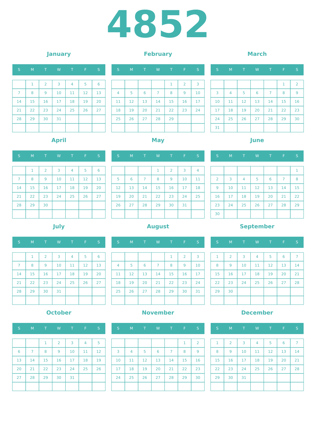 Printable 4852 Year Calendars verdigris
