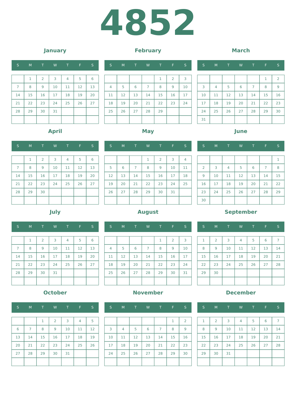 Printable 4852 Year Calendars viridian
