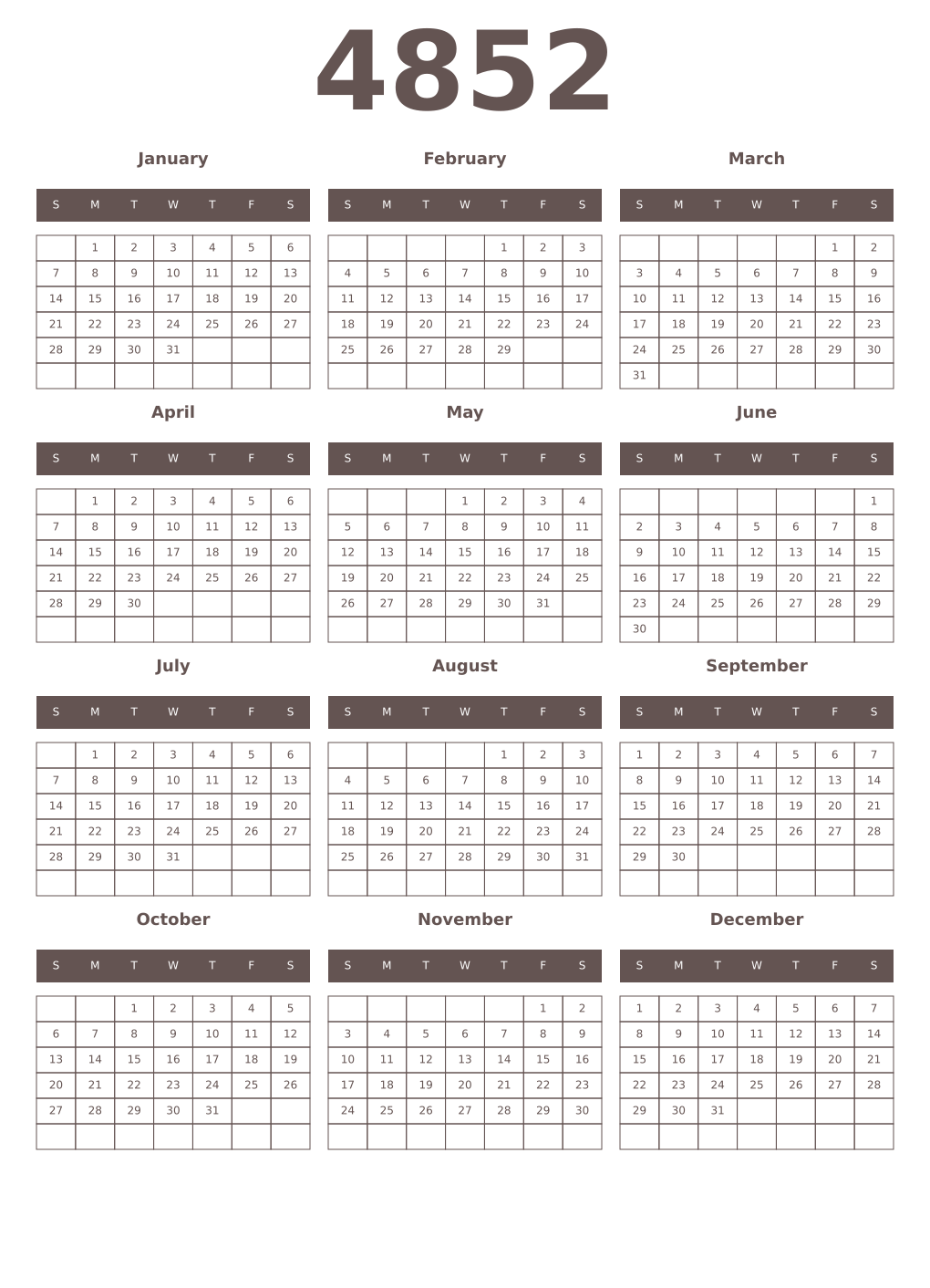 Printable 4852 Year Calendars wenge