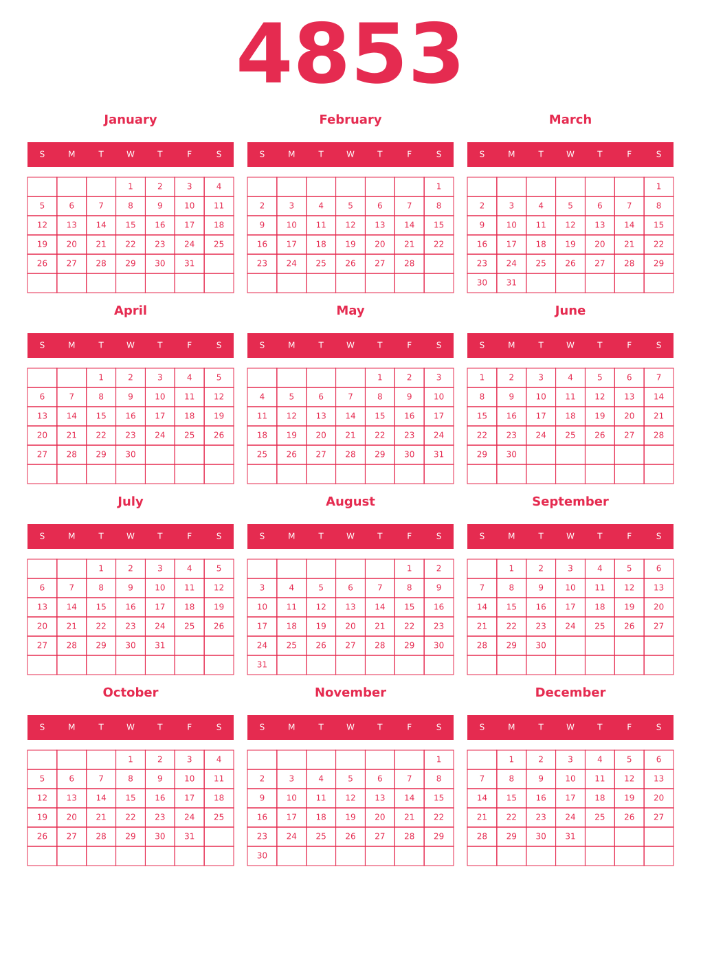 Printable 4853 Year Calendars amaranth