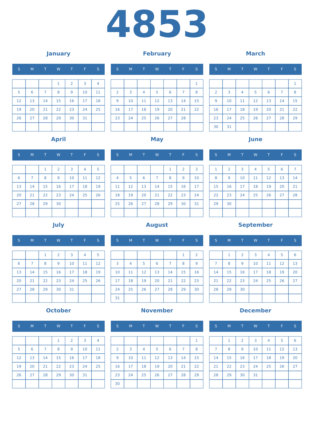 Printable 4853 Year Calendars blue