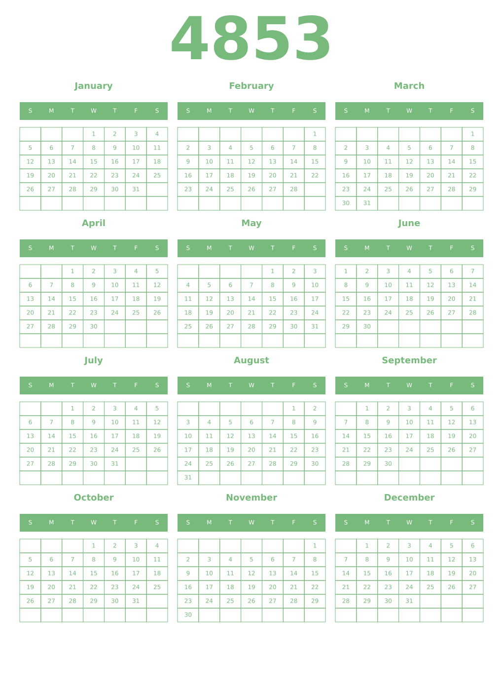 Printable 4853 Year Calendars celadon