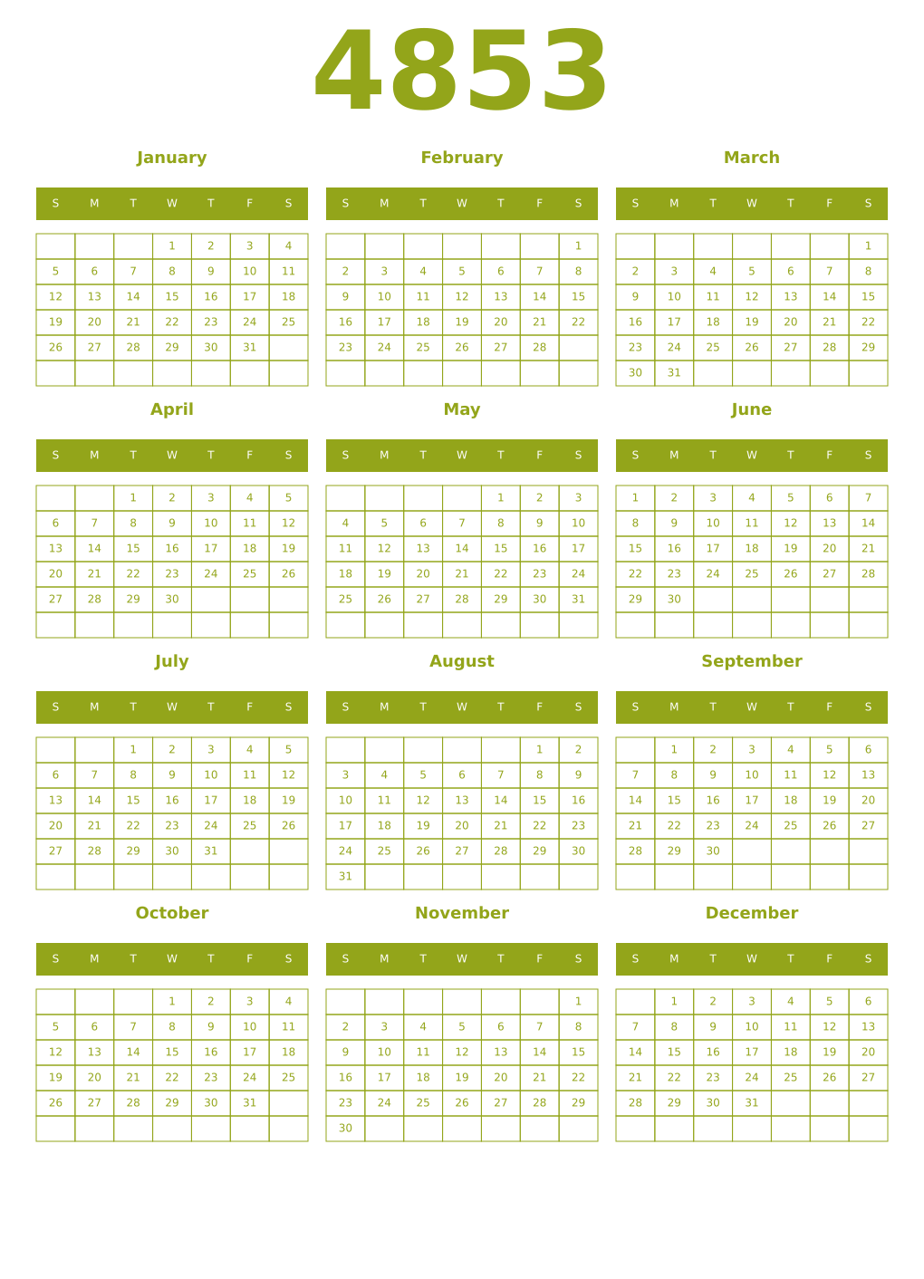 Printable 4853 Year Calendars chartreuse