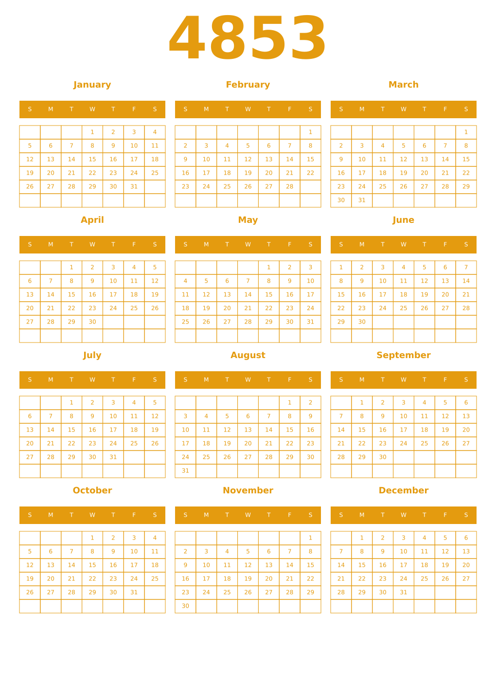 Printable 4853 Year Calendars gamboge
