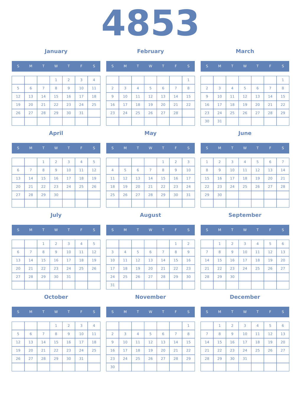 Printable 4853 Year Calendars glaucous