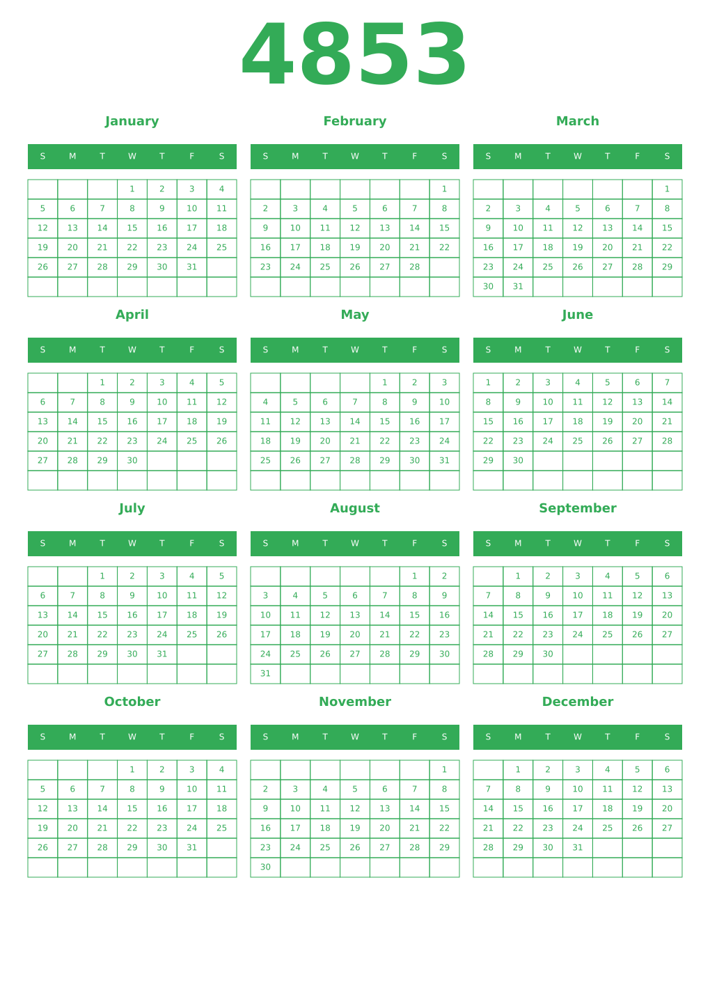 Printable 4853 Year Calendars green