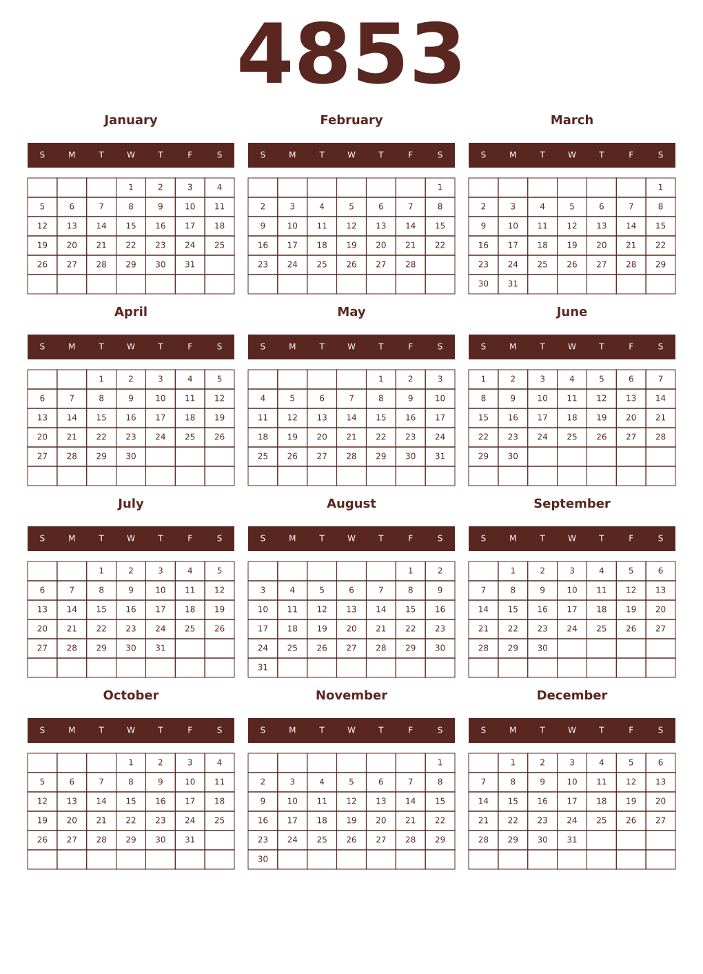 Printable 4853 Year Calendars mortuum