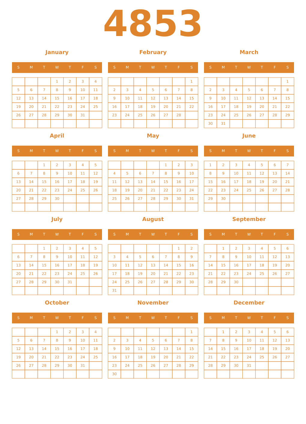 Printable 4853 Year Calendars orange
