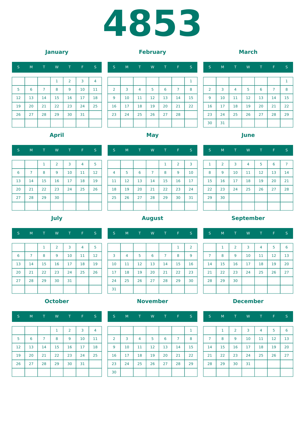 Printable 4853 Year Calendars pastel