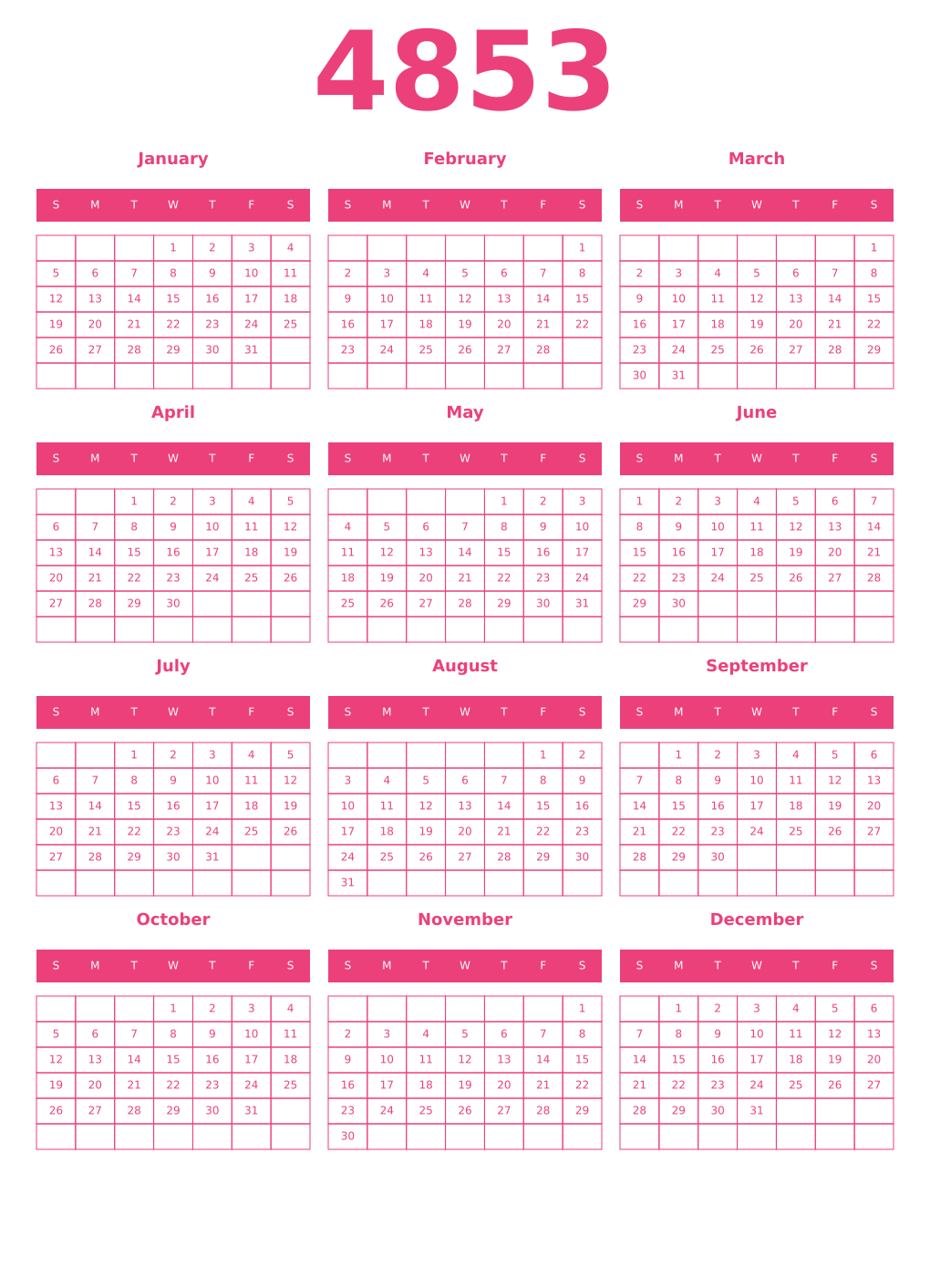 Printable 4853 Year Calendars pink