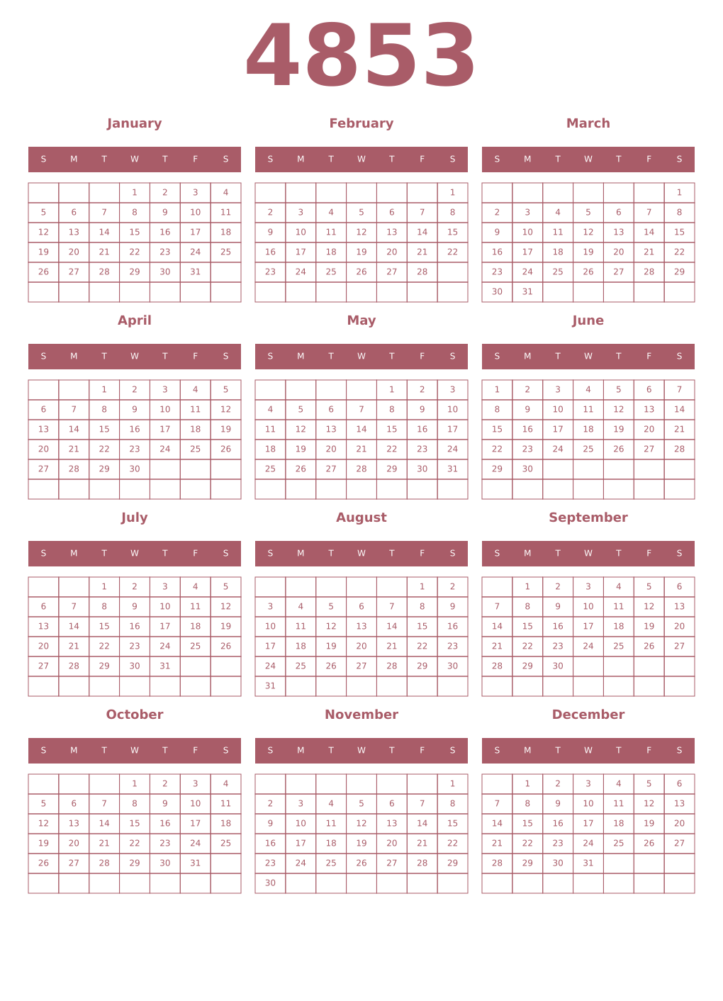 Printable 4853 Year Calendars puce