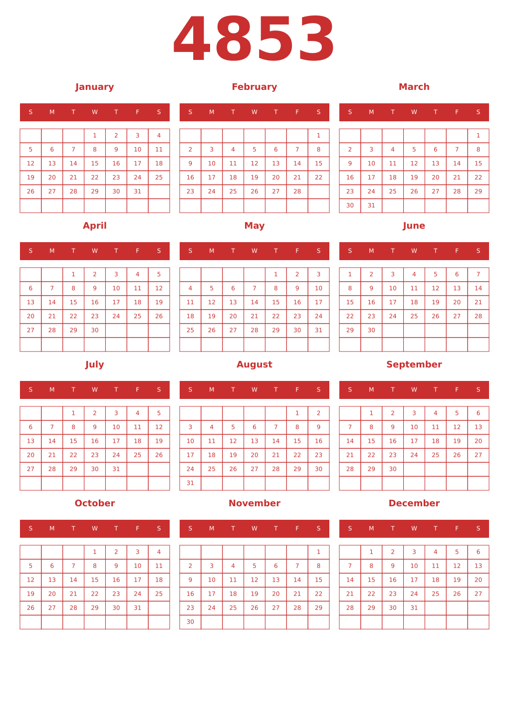 Printable 4853 Year Calendars red
