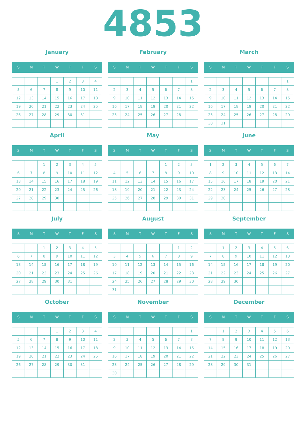 Printable 4853 Year Calendars verdigris