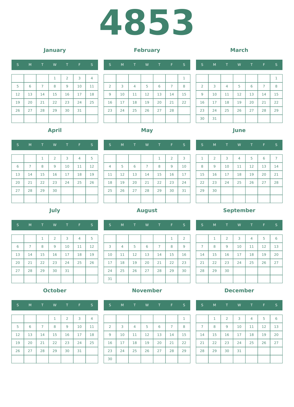 Printable 4853 Year Calendars viridian