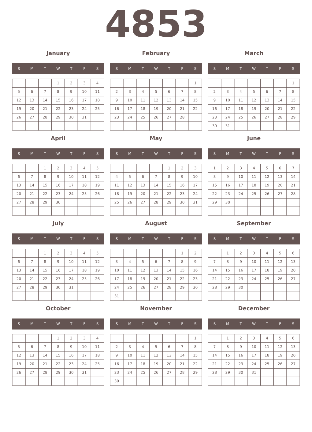 Printable 4853 Year Calendars wenge