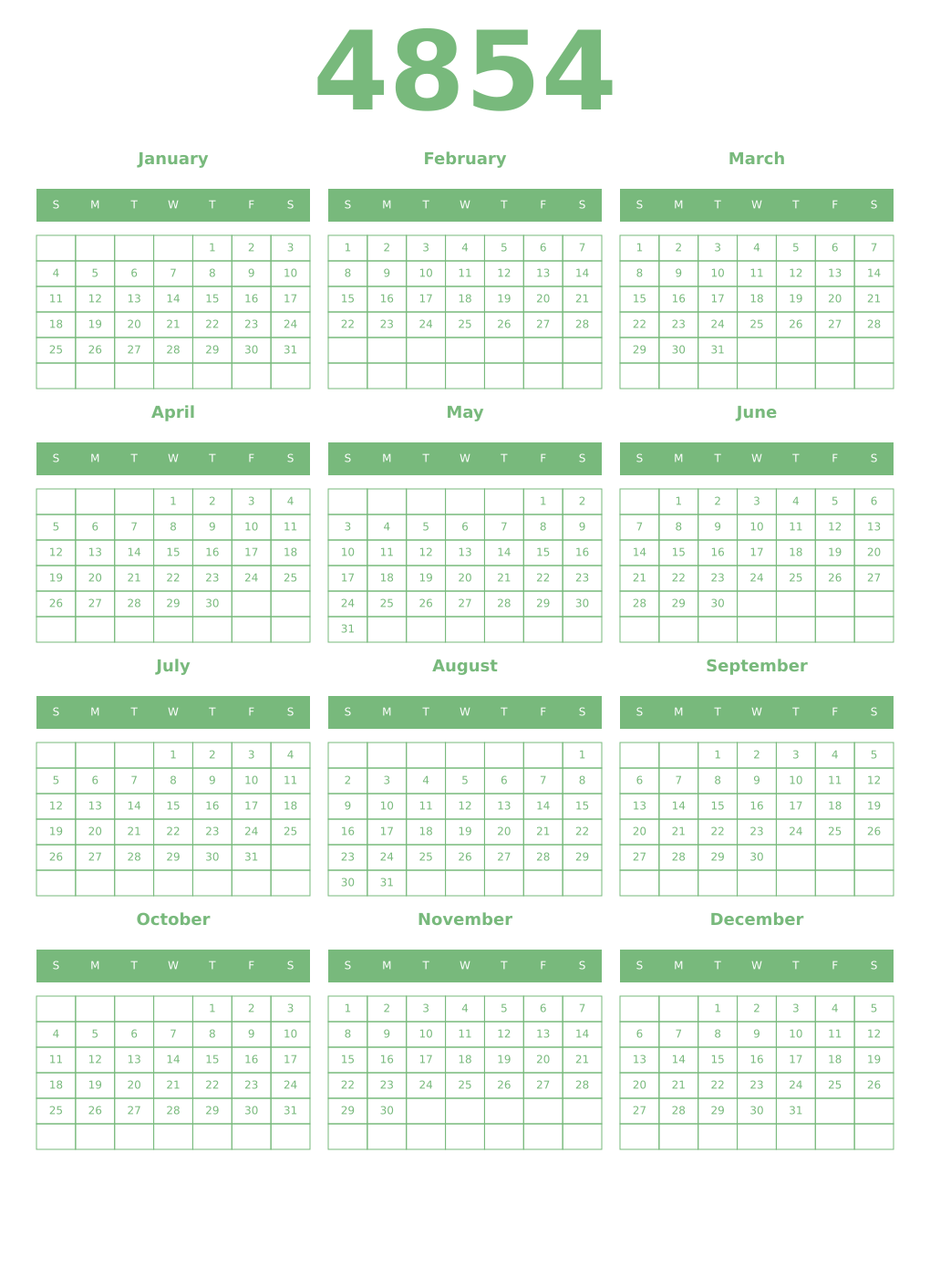 Printable 4854 Year Calendars celadon