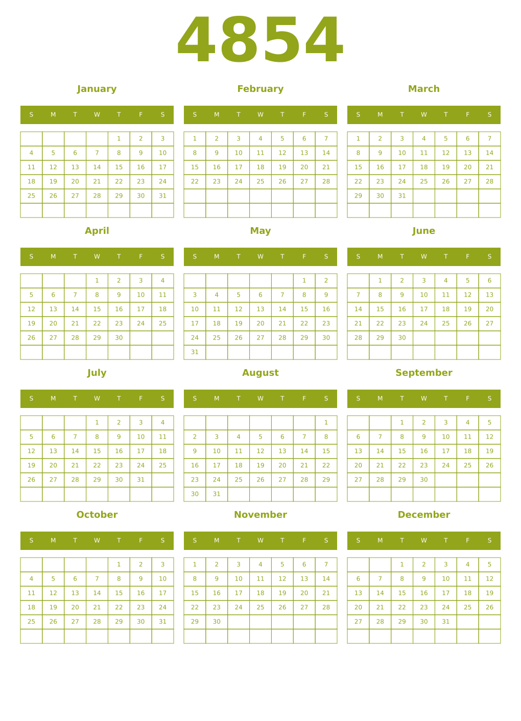 Printable 4854 Year Calendars chartreuse