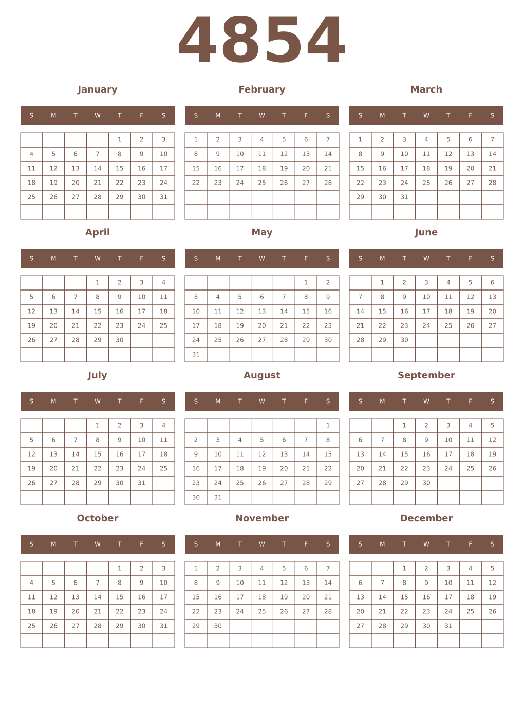 Printable 4854 Year Calendars coffe