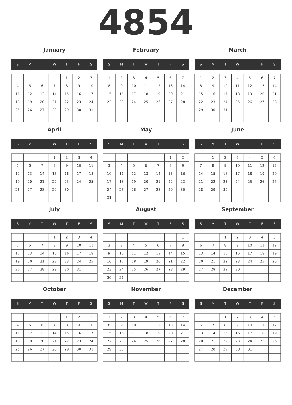Printable 4854 Year Calendars dark