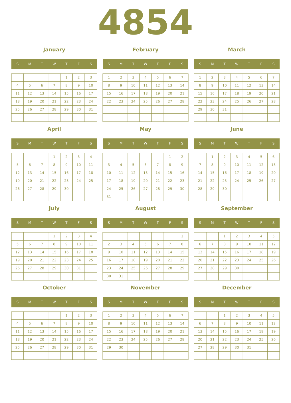 Printable 4854 Year Calendars eburnean