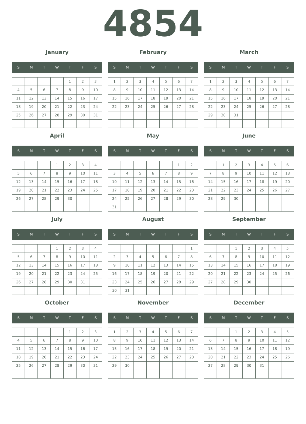 Printable 4854 Year Calendars feldgrau