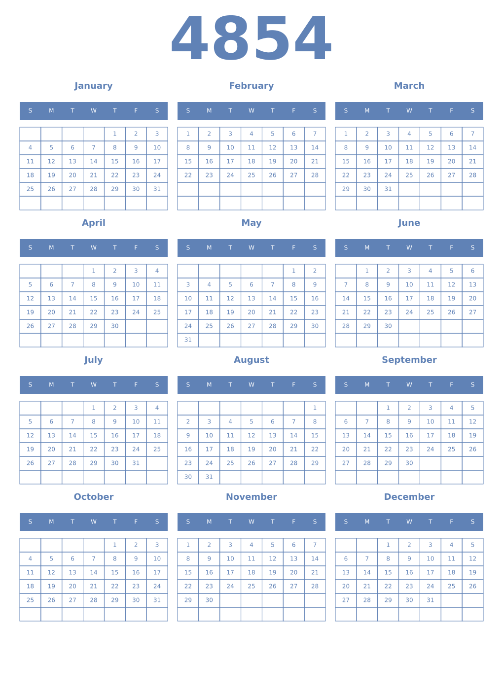 Printable 4854 Year Calendars glaucous