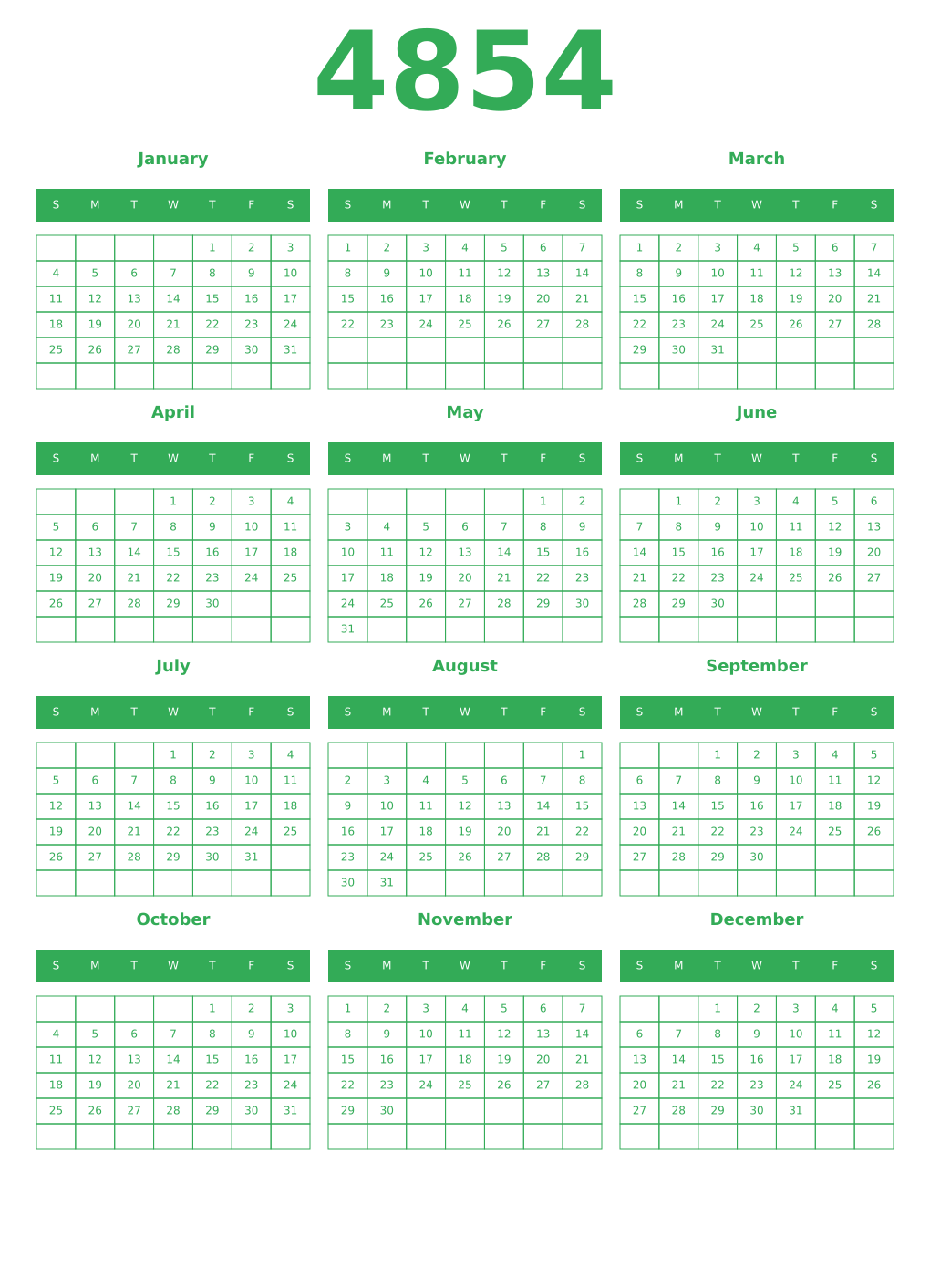 Printable 4854 Year Calendars green