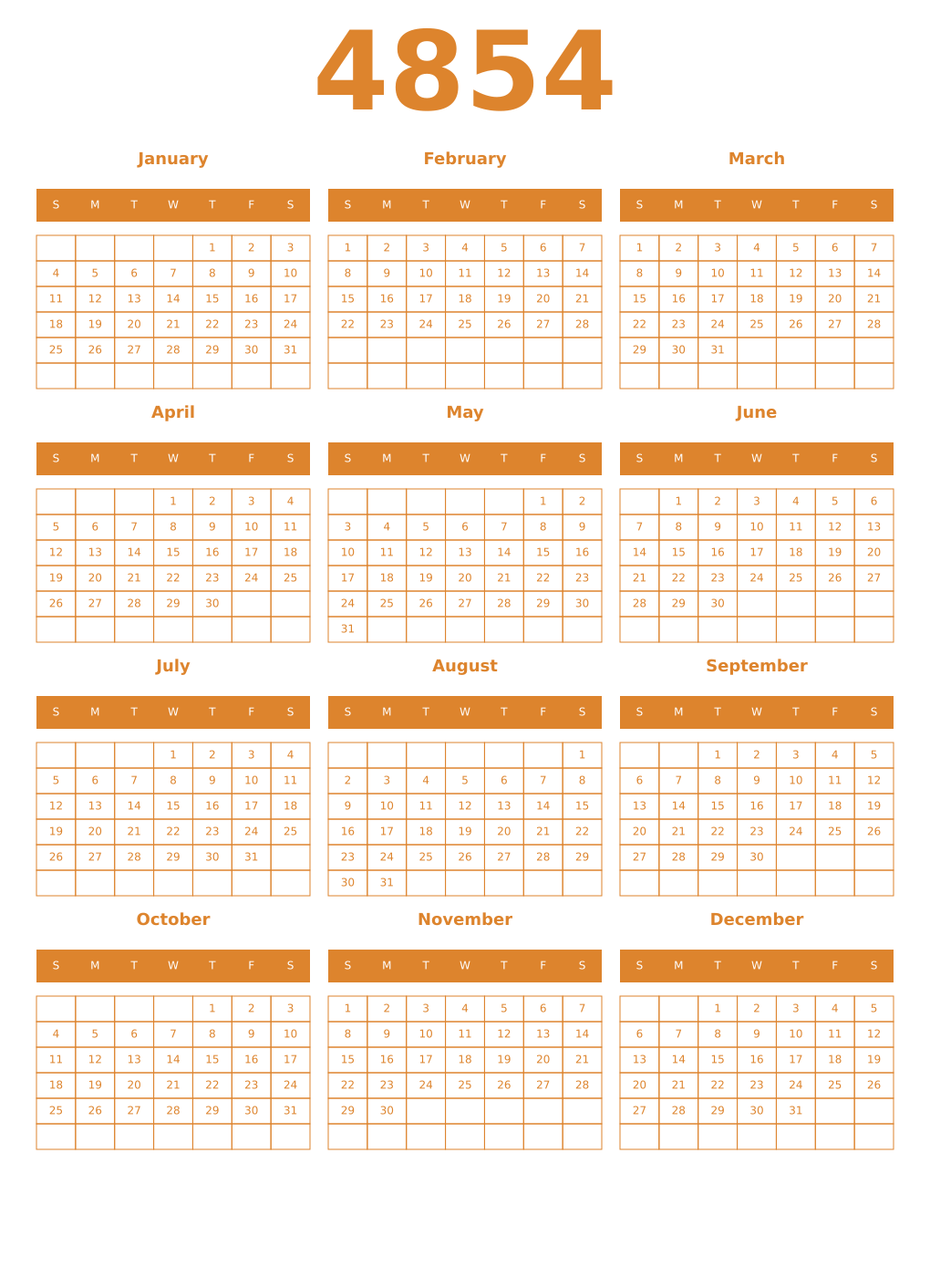 Printable 4854 Year Calendars orange